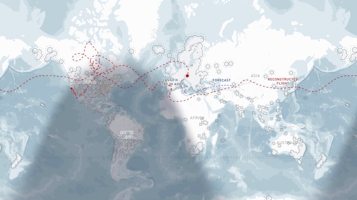A world map showing a dashed reconstruction of a possible Stratolink 3 route, with its last GPS fix near Spain and a separate forecast.