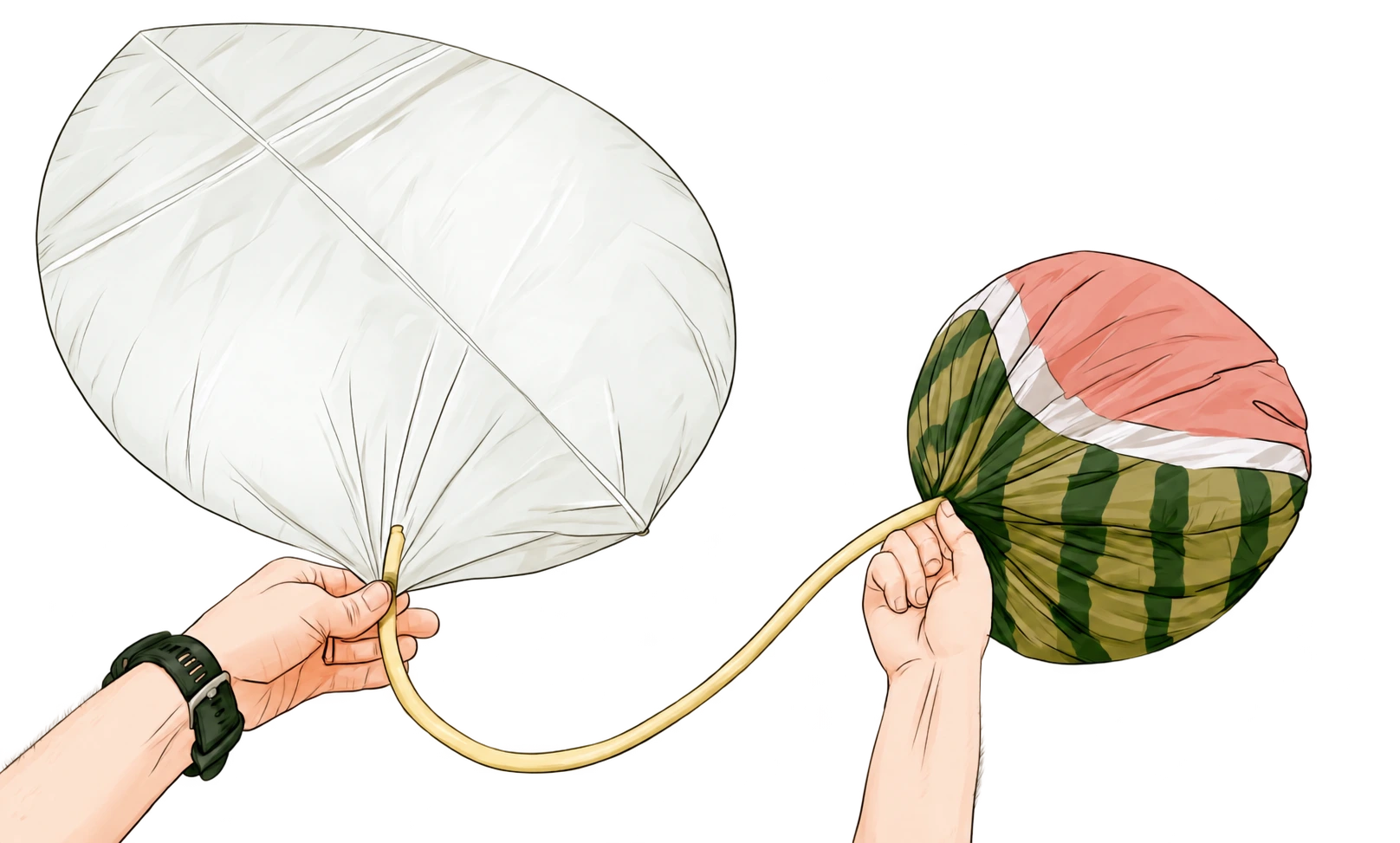 Illustration of helium transferring through a tube from a donor balloon into the flight envelope.