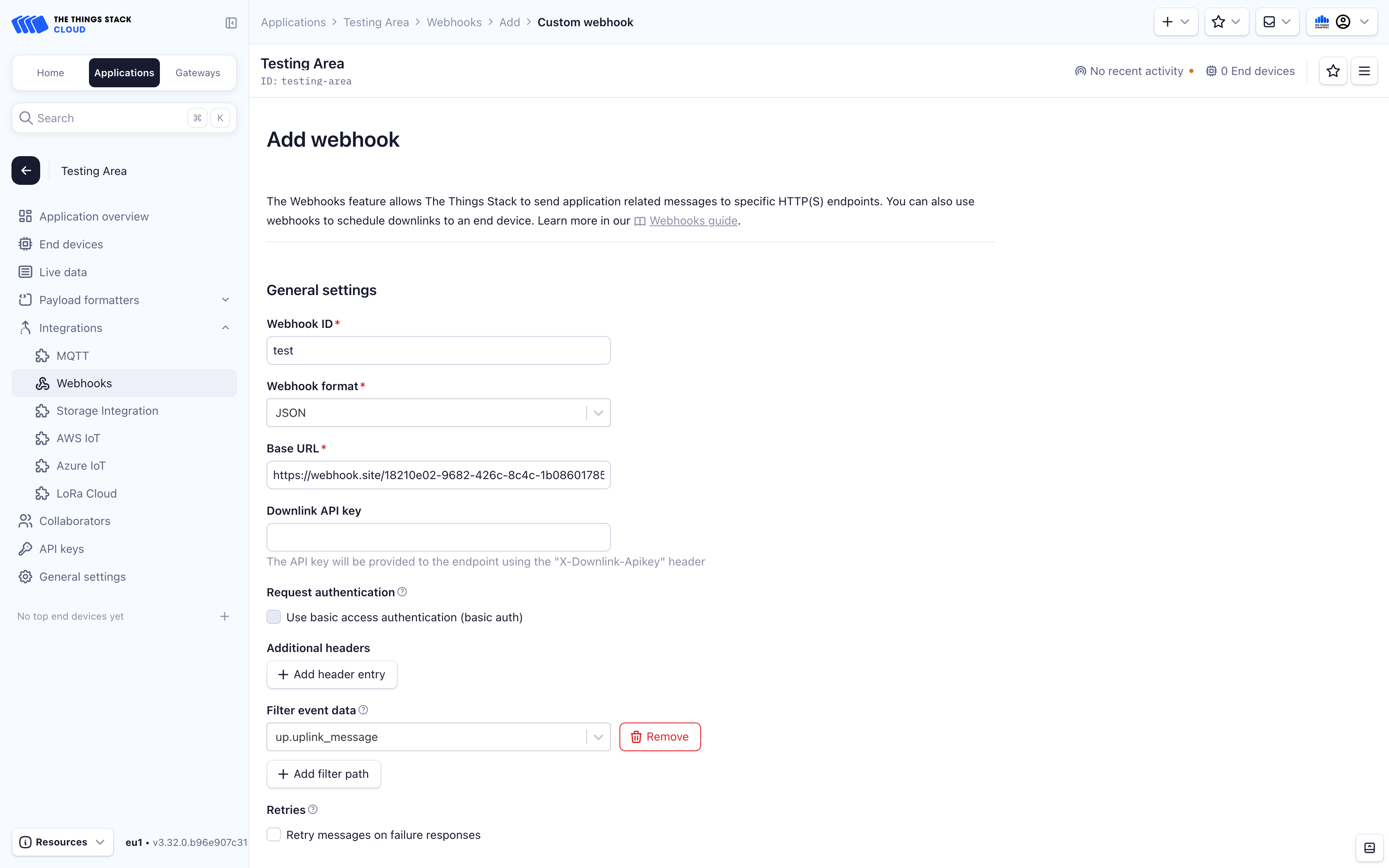 The Things Stack custom webhook form with format, base URL and additional headers.